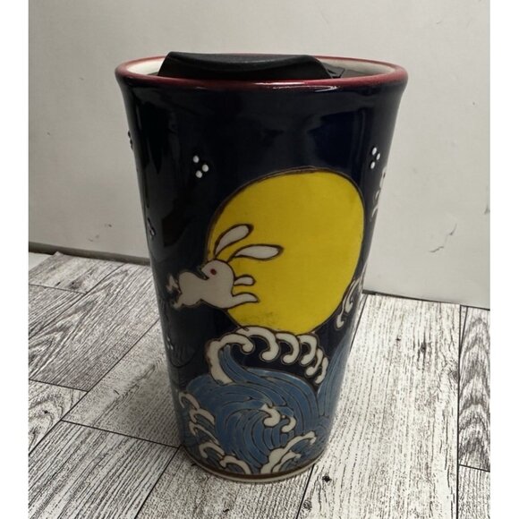 6" Tall Ceramic Travel Mug "Bunny Wave" 16 Oz. Bunnies Jumping over the Moon NEW - Picture 1 of 10